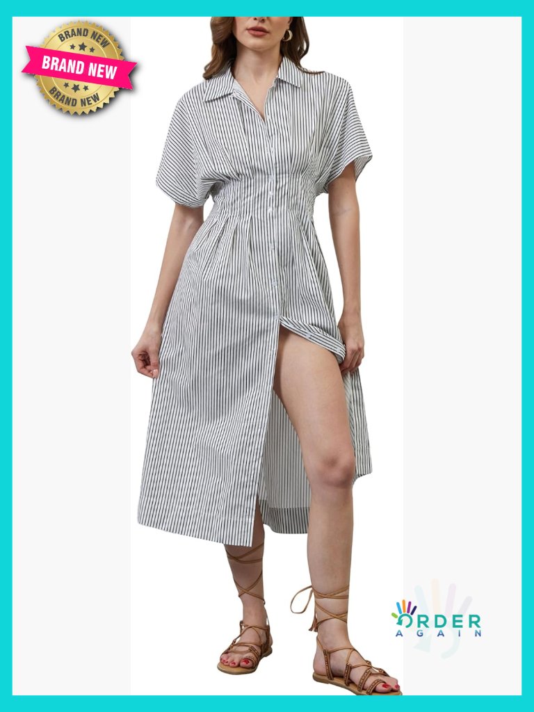 Striped Button Front Pleated Shirt Dress Summer Short Sleeve Lapel V Neck Maxi
